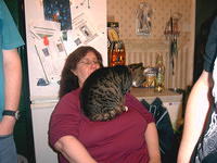 Socks finds a boob perch on Caz.